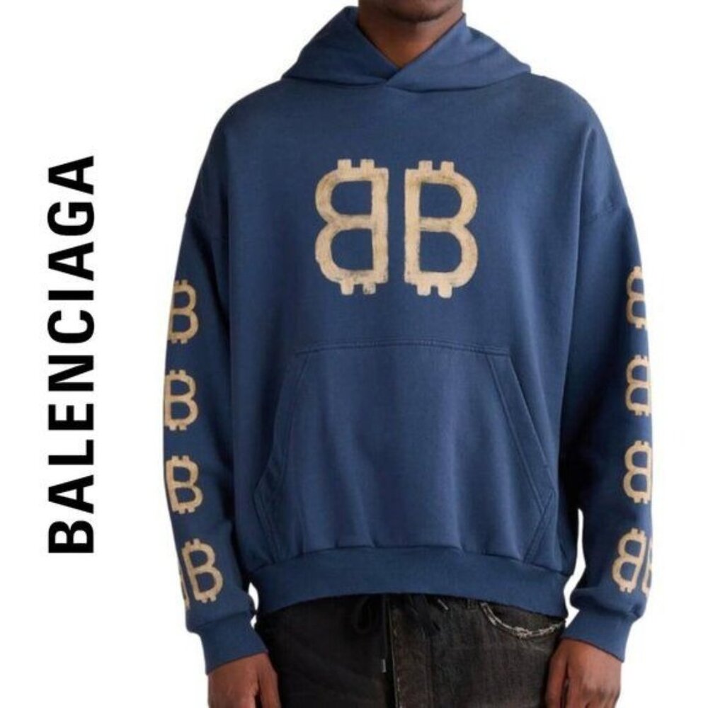 SOLD * Balenciaga Crypto BB Logo Hoodie Washed Blue Unisex Size L - Picture 1 of 10
